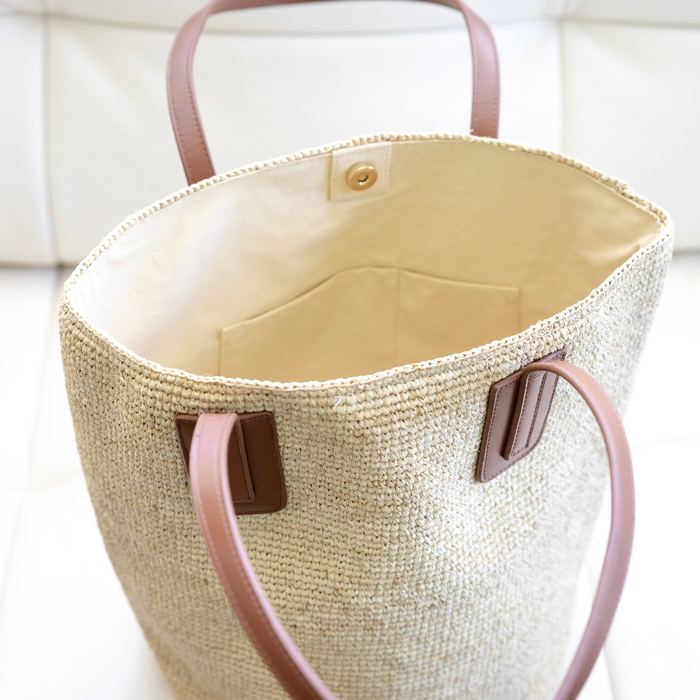Large Raffia Tote with Genuine Leather Handles