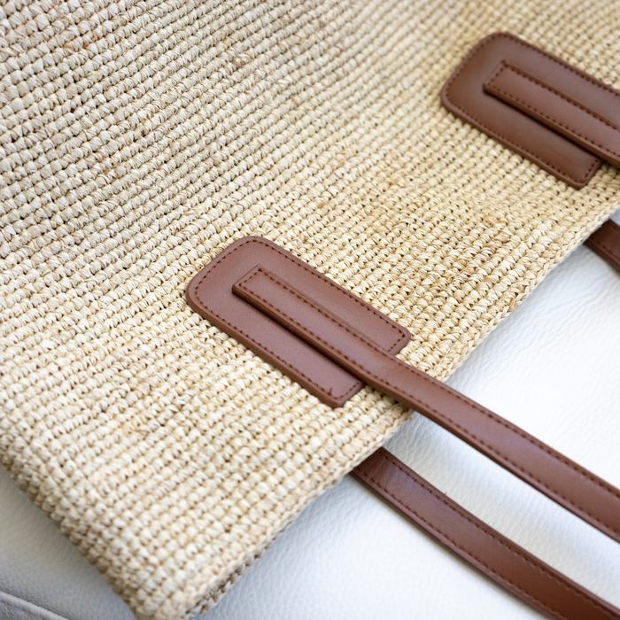 Large Raffia Tote with Genuine Leather Handles