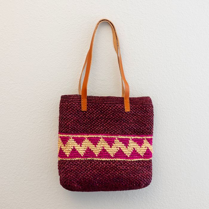Magenta Zigzag Raffia Tote with Genuine Leather Handles