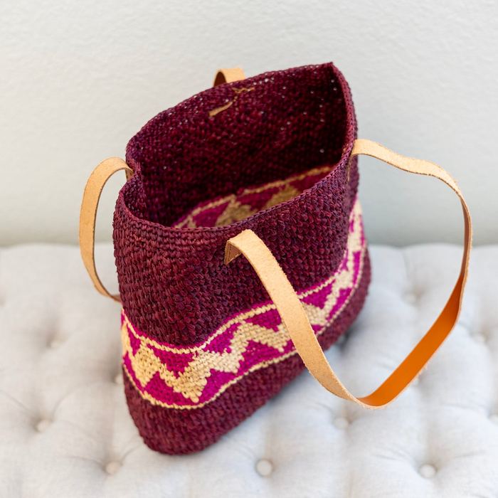 Magenta Zigzag Raffia Tote with Genuine Leather Handles