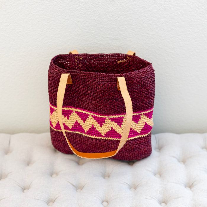 Magenta Zigzag Raffia Tote with Genuine Leather Handles