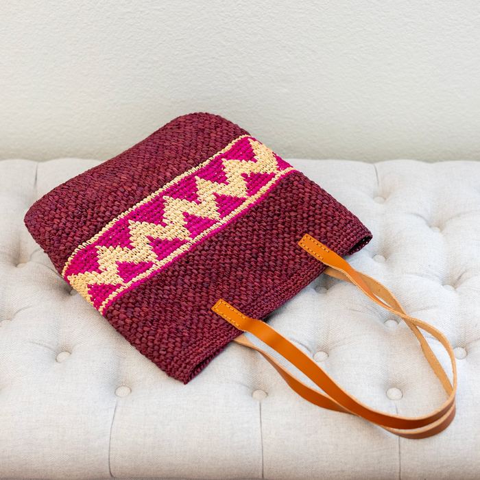 Magenta Zigzag Raffia Tote with Genuine Leather Handles