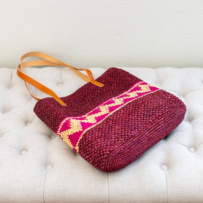 Magenta Zigzag Raffia Tote with Genuine Leather Handles