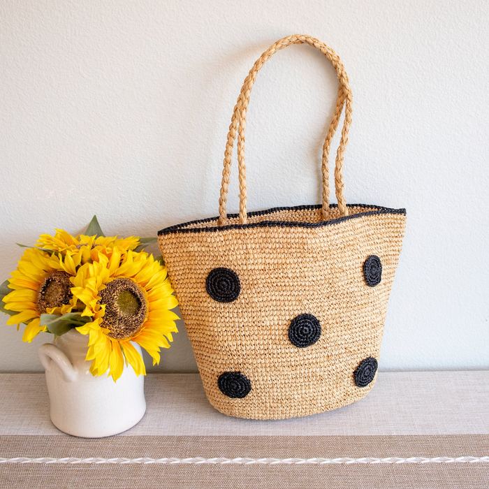 Black Polka-Dot Raffia Tote with Braided Shoulder Handles