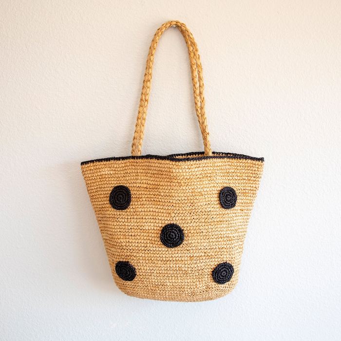 Black Polka-Dot Raffia Tote with Braided Shoulder Handles