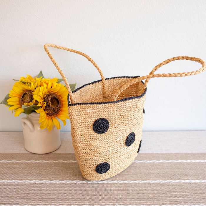 Black Polka-Dot Raffia Tote with Braided Shoulder Handles