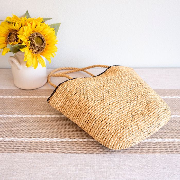 Black Polka-Dot Raffia Tote with Braided Shoulder Handles