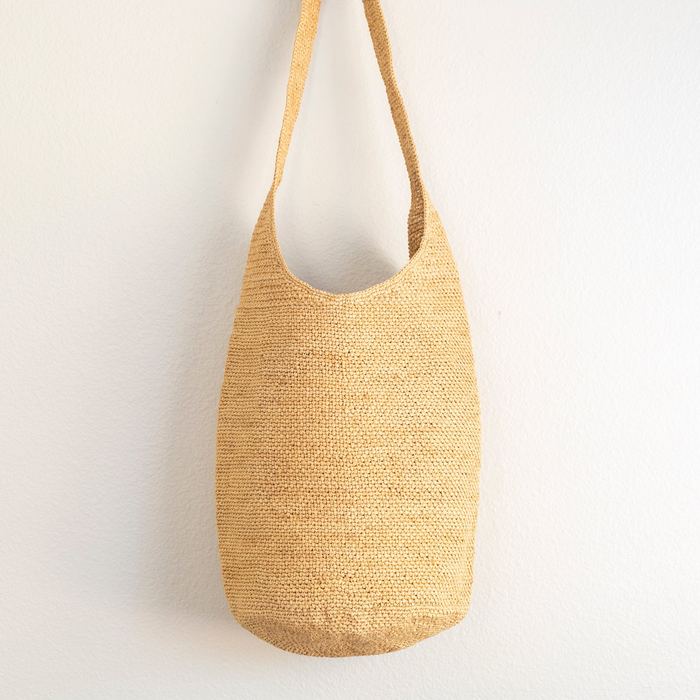 Natural Raffia Bucket Shoulder Bag with Long Woven Strap