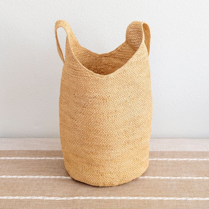 Natural Raffia Bucket Shoulder Bag with Long Woven Strap