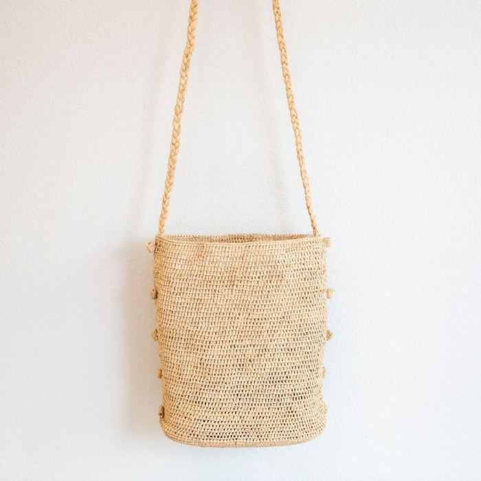 Raffia Bucket Crossbody Bag with Long Woven Strap