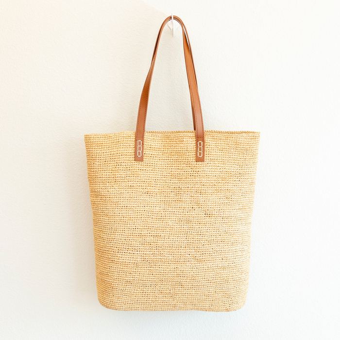 Large Natural Raffia Tote with Genuine Leather Handles