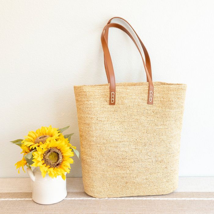 Large Natural Raffia Tote with Genuine Leather Handles