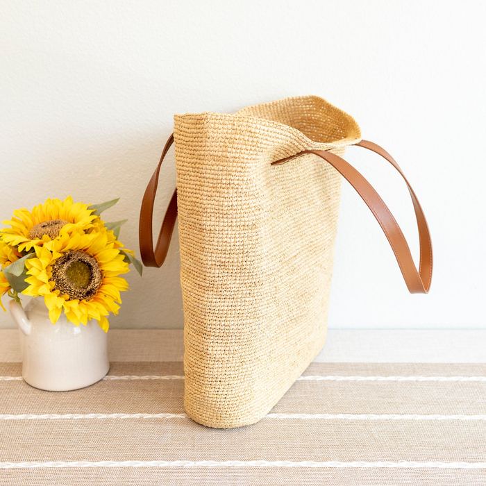Large Natural Raffia Tote with Genuine Leather Handles