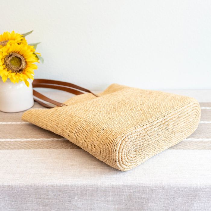 Large Natural Raffia Tote with Genuine Leather Handles