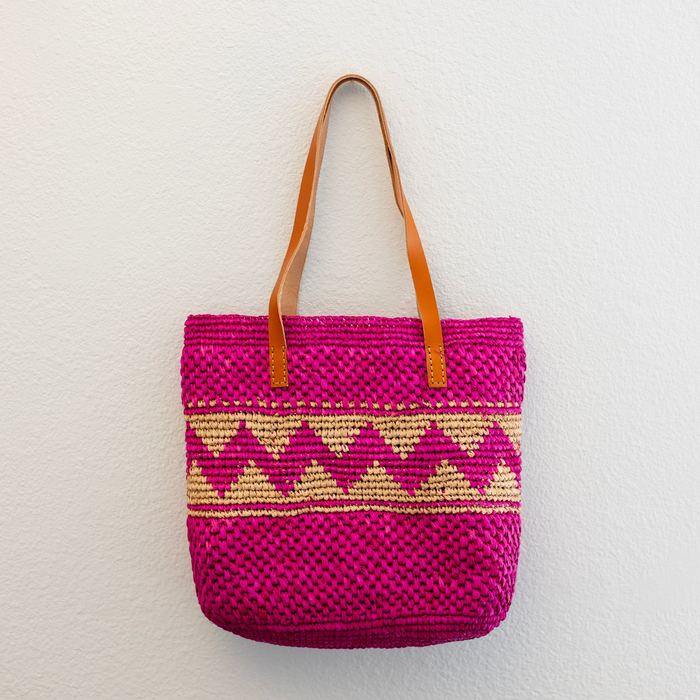 Bright Magenta Zigzag Raffia Tote with Genuine Leather Handles