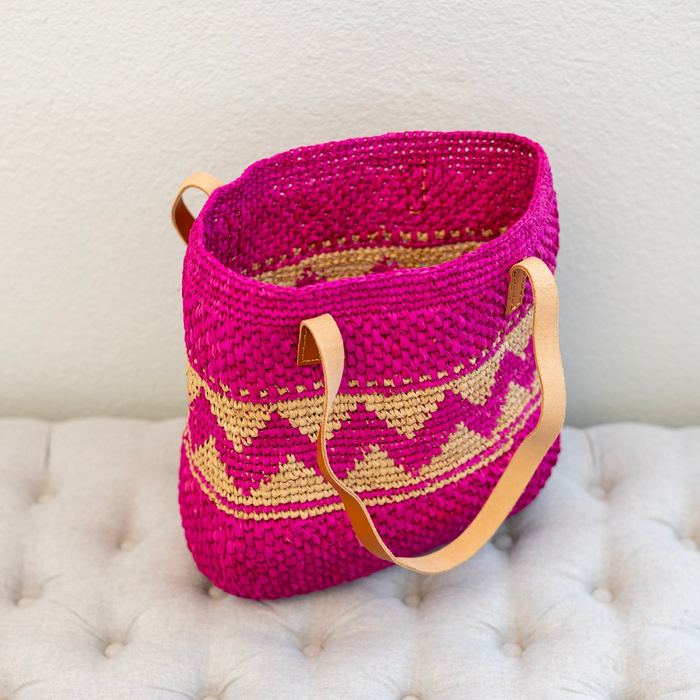 Bright Magenta Zigzag Raffia Tote with Genuine Leather Handles
