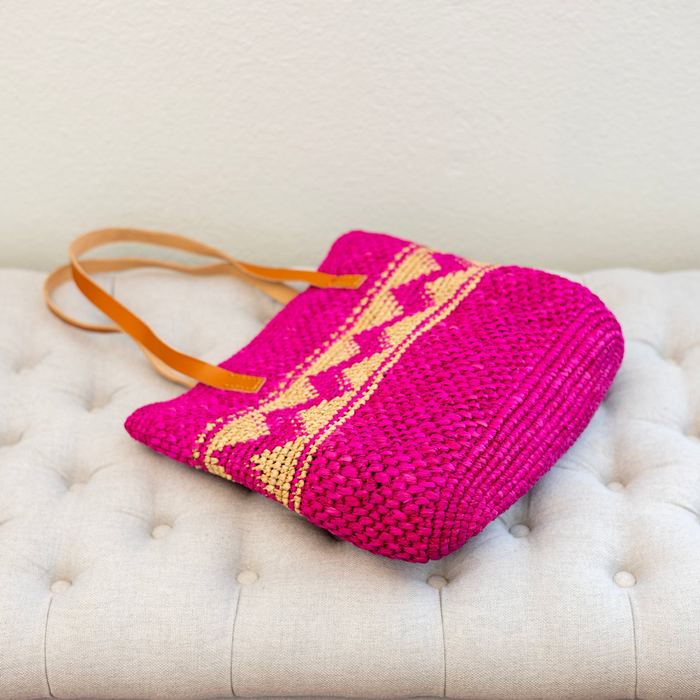 Bright Magenta Zigzag Raffia Tote with Genuine Leather Handles