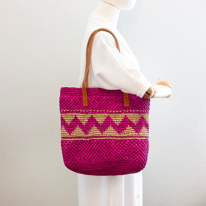 Bright Magenta Zigzag Raffia Tote with Genuine Leather Handles
