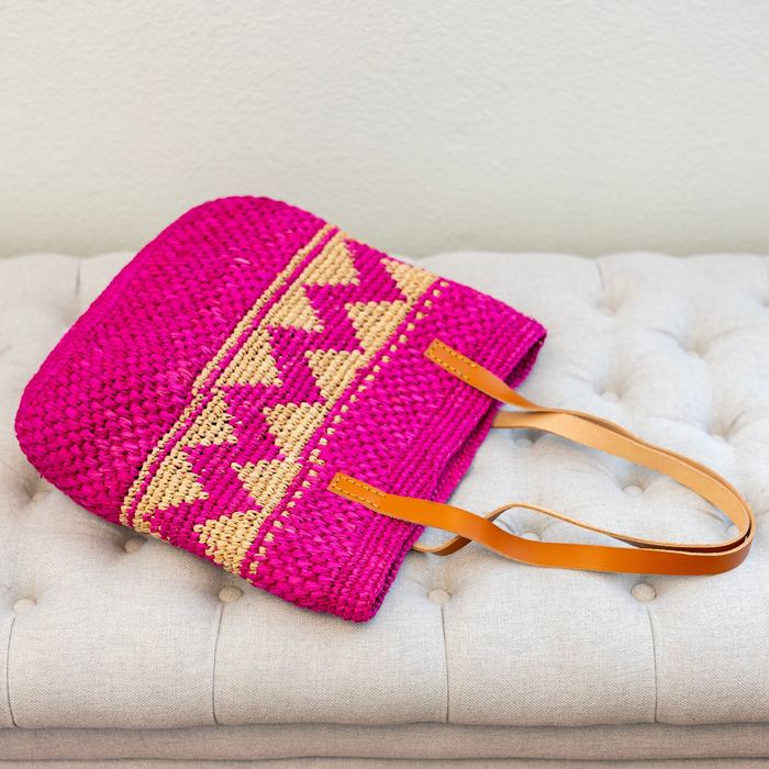 Bright Magenta Zigzag Raffia Tote with Genuine Leather Handles