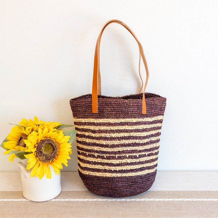 Striped Raffia Tote with Genuine Leather Handles