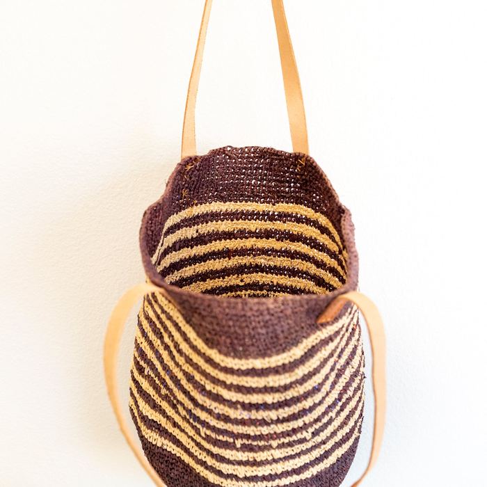 Striped Raffia Tote with Genuine Leather Handles