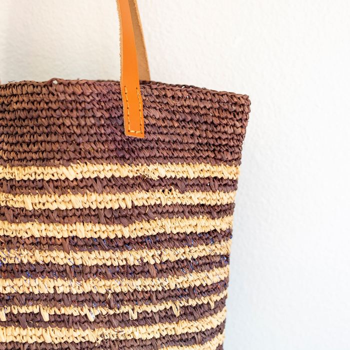 Striped Raffia Tote with Genuine Leather Handles
