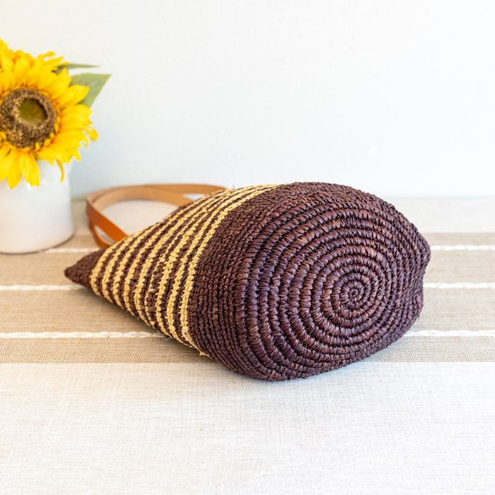 Striped Raffia Tote with Genuine Leather Handles