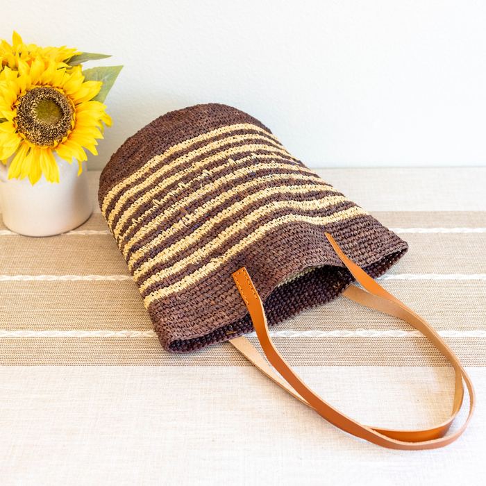 Striped Raffia Tote with Genuine Leather Handles