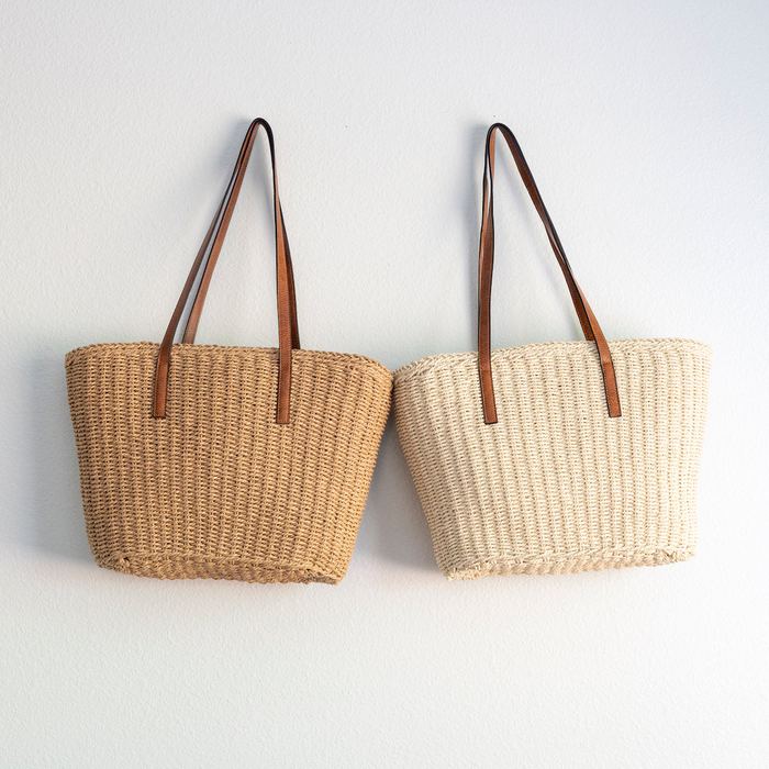 Woven Straw Market Tote with Slim Brown Handles