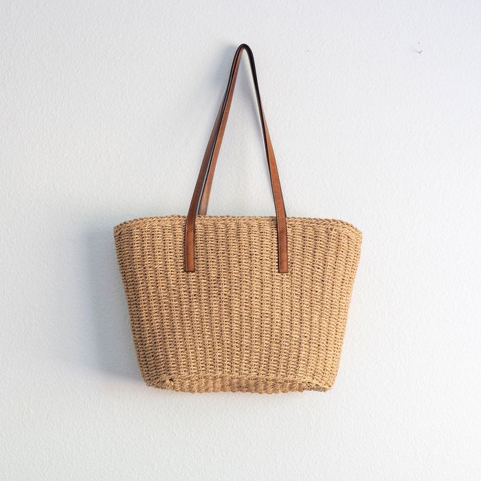 Woven Straw Market Tote with Slim Brown Handles