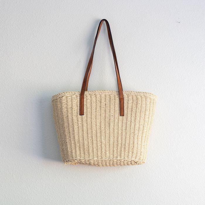 Woven Straw Market Tote with Slim Brown Handles