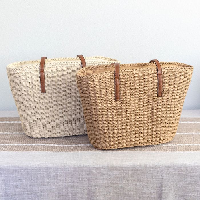 Woven Straw Market Tote with Slim Brown Handles