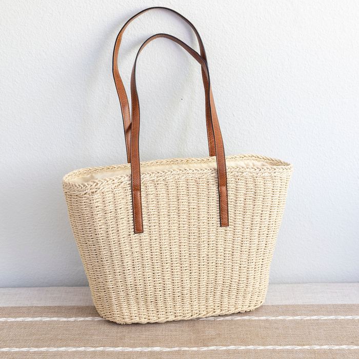 Woven Straw Market Tote with Slim Brown Handles