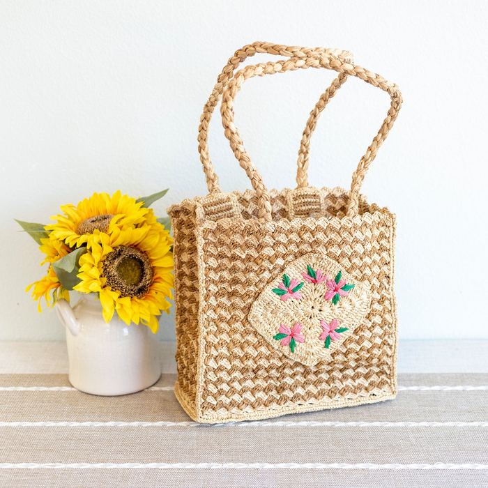 Square Raffia Handbag with Floral Medallion