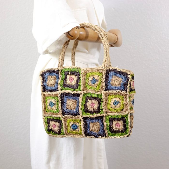 Multicolor Floral Square Raffia Handbag