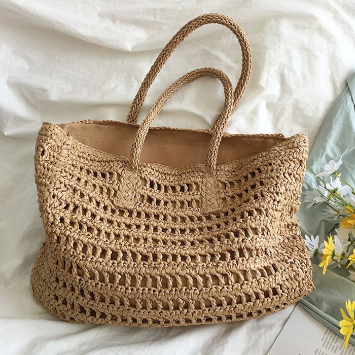 Large Straw Tote with Horizontal Openwork Rows