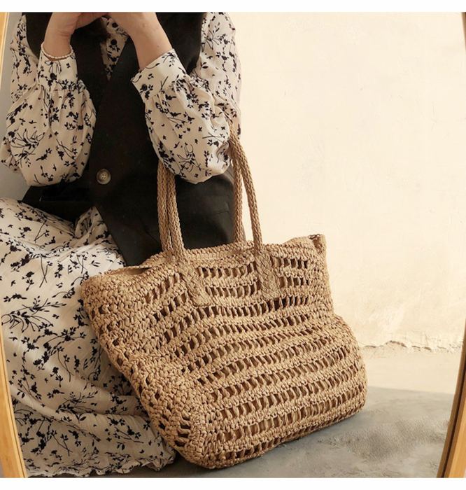 Large Straw Tote with Horizontal Openwork Rows