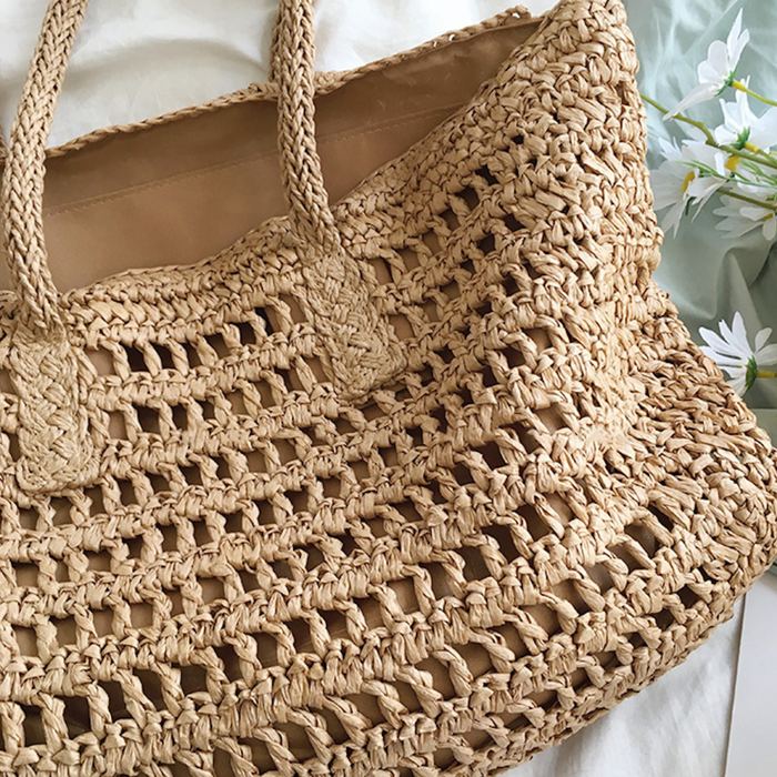 Large Straw Tote with Horizontal Openwork Rows