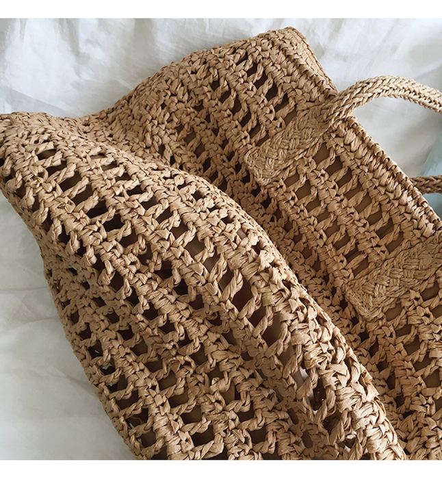 Large Straw Tote with Horizontal Openwork Rows