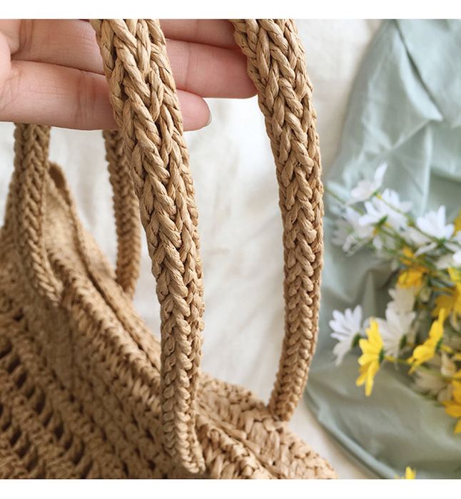 Large Straw Tote with Horizontal Openwork Rows