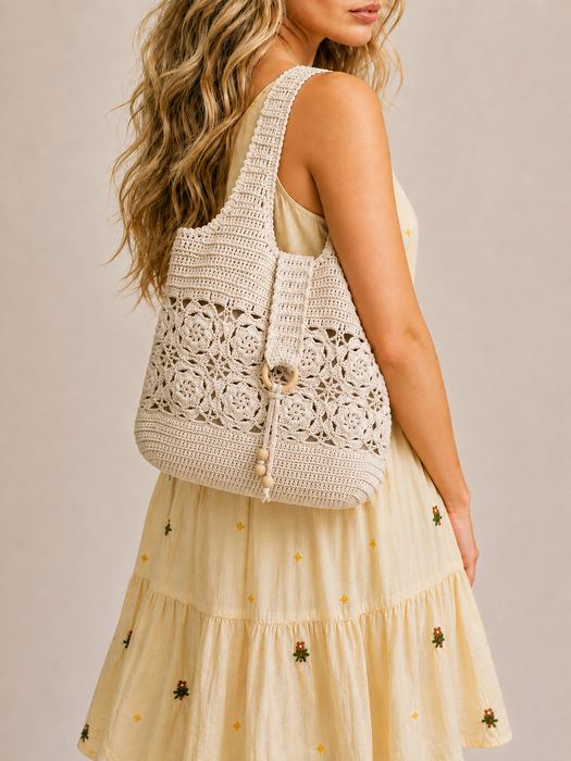 Floral Openwork Cotton Knit Shoulder Bag with Side Tassels