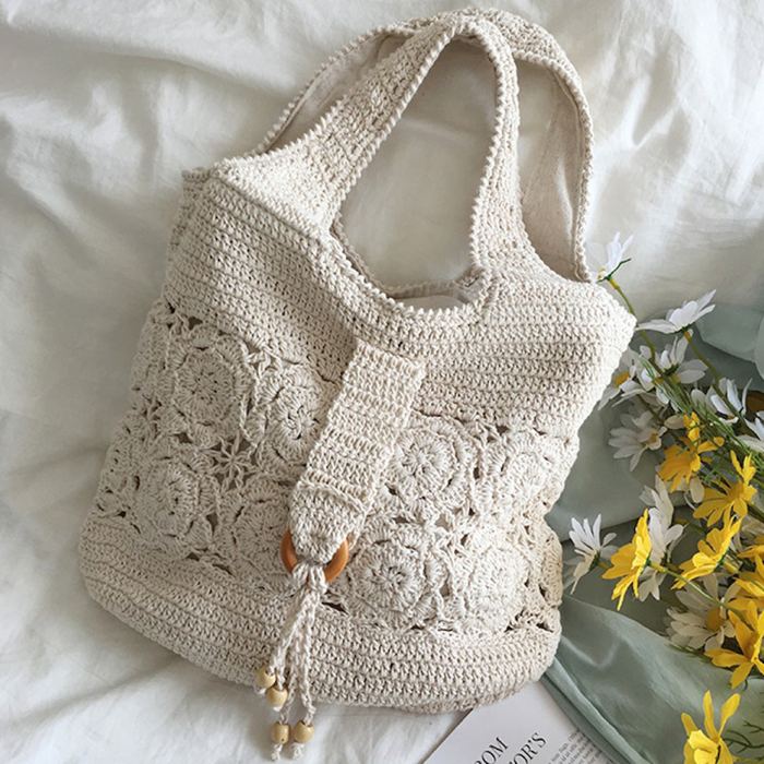 Floral Openwork Cotton Knit Shoulder Bag with Side Tassels