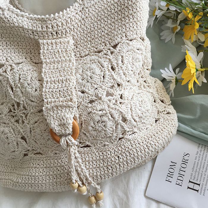 Floral Openwork Cotton Knit Shoulder Bag with Side Tassels