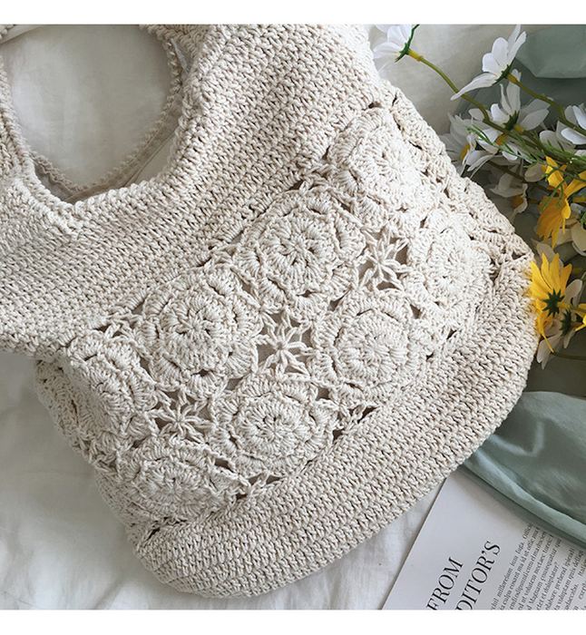 Floral Openwork Cotton Knit Shoulder Bag with Side Tassels