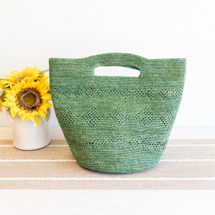 Green Raffia Bucket Bag with Cutout Handles