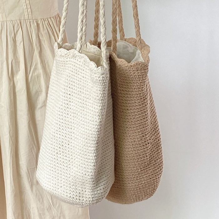 Tall Cotton Woven Shoulder Bag with Rounded Base