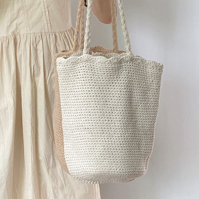 Tall Cotton Woven Shoulder Bag with Rounded Base