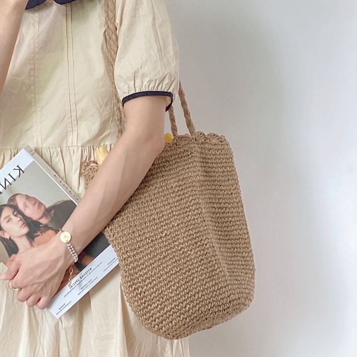 Tall Cotton Woven Shoulder Bag with Rounded Base