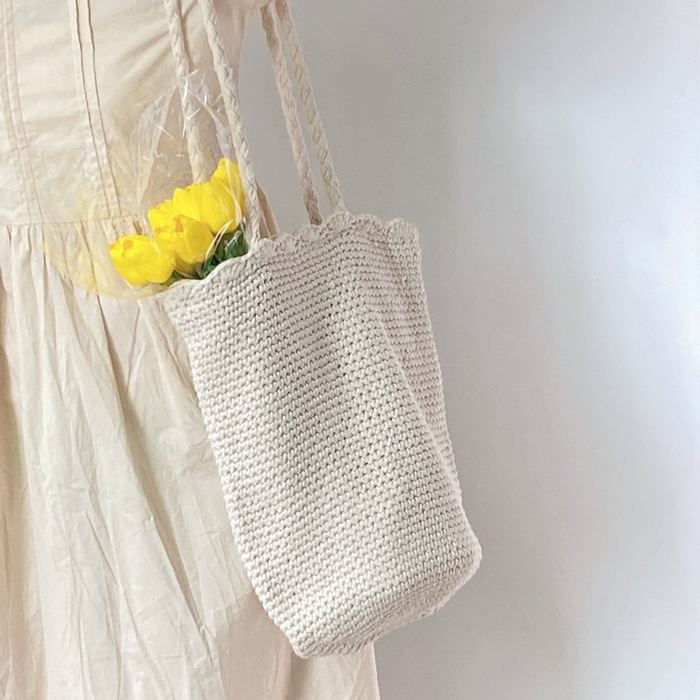 Tall Cotton Woven Shoulder Bag with Rounded Base