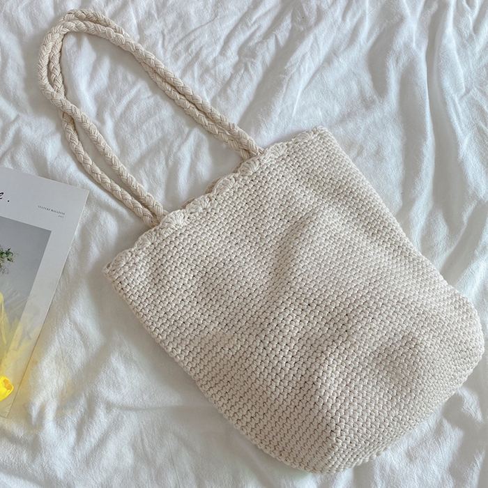 Tall Cotton Woven Shoulder Bag with Rounded Base